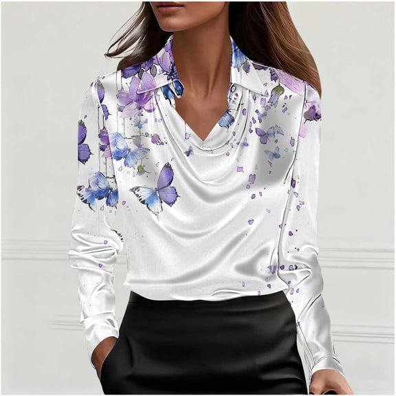 ICHUANYI Womens Long Sleeve Drop Neck Button V Neck Graphic Shirts Dressy Casual Tunic Tops Women Blouses