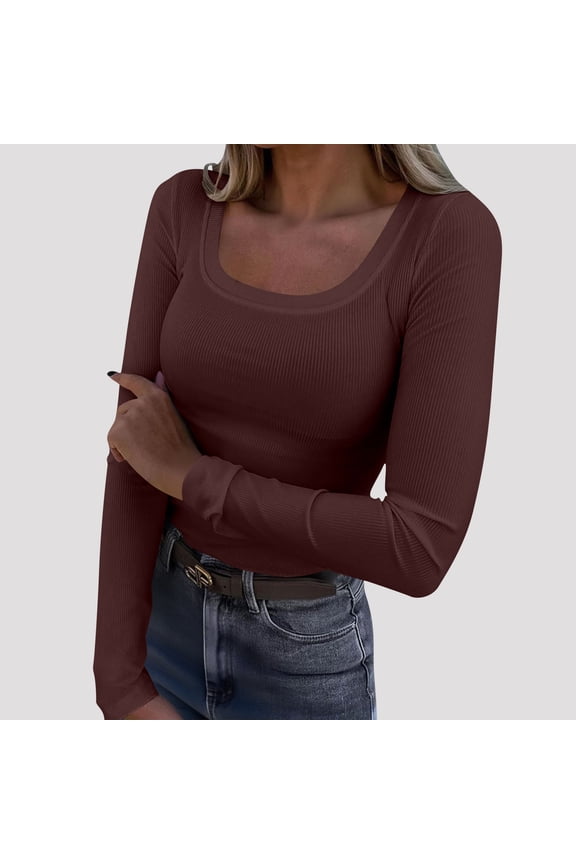 ICHUANYI Womens Long Sleeve Scoop Neck Ribbed Knit Fitted Casual Tops Tee Slim Basic Shirts New Trend Fall Undershirt