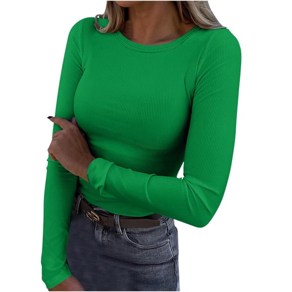 ICHUANYI Womens Long Sleeve Scoop Neck Ribbed Knit Fitted Casual Tops Tee Slim Basic Shirts New Trend