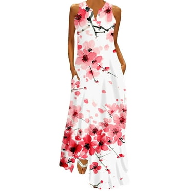 ICHUANYI Womens Maxi Dress V Neck Sleeveless Casual Summer Loose Floral Print Comfy Long Dresses with Pockets