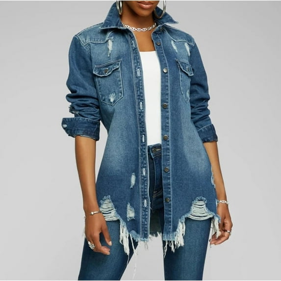 ICHUANYI Womens Mid-long Button Shirts Ripped Denim Long Sleeve Loose Blouses V Neck Casual Tunics Solid Color Tops