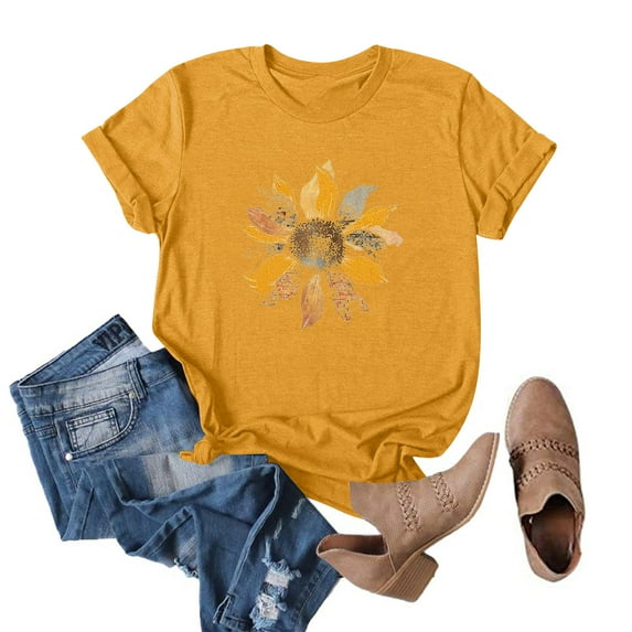 ICHUANYI Womens New Trending Crew Neck Short Sleeve Print T-shirt Casual Loose Shirt Tops Fashion Clothing