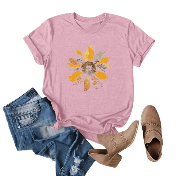 ICHUANYI Womens New Trending Crew Neck Short Sleeve Print T-shirt Casual Loose Shirt Tops Fashion Clothing