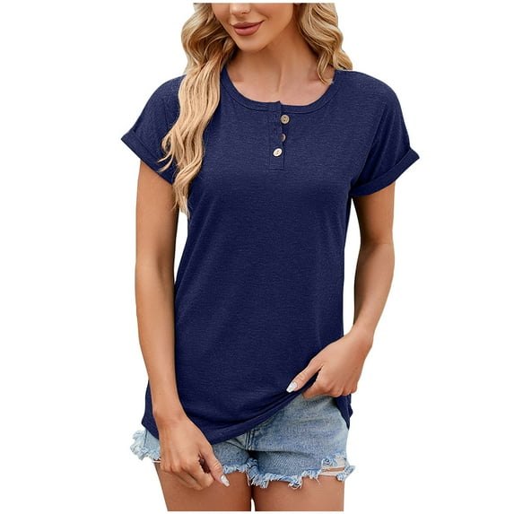 ICHUANYI Womens New Trending Crewneck Short Sleeve Button T-shirt Casual Loose Shirt Tops
