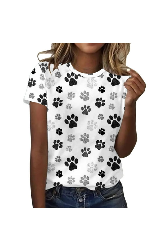 ICHUANYI Womens New Trending Cute Print Tops Short Sleeve Crew Neck T-Shirt Tops Shirts Fashion Clothing