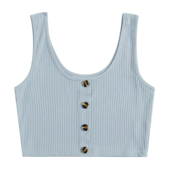 ICHUANYI Womens New Trending Sleeveless Ribbed Button Front Crop Solid Tank Shirts T-Shirt