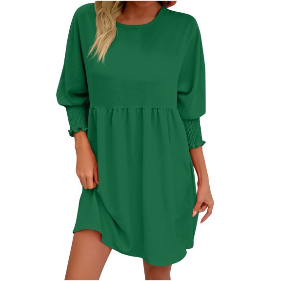 ICHUANYI Womens New Trendy Spring Crew Neck Doll Dress Solid Color Three-Layer Pleated Dress