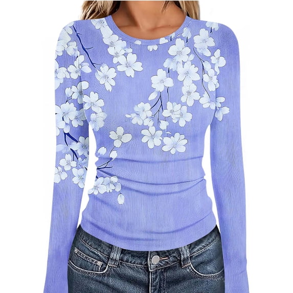 ICHUANYI Womens Non Positioning Printing Round Neck Shirt Long Sleeve Undershirts Slim Fit Top Fitted Basic Tees