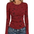 thumbnail image 1 of ICHUANYI Womens Non Positioning Printing Round Neck Shirt Long Sleeve Undershirts Slim Fit Top Fitted Basic Tees, 1 of 6