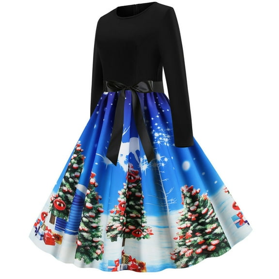 ICHUANYI Womens Patchword Vintage Rockabilly Dress Dresses Christmas Bow Fashion Cloth 2024