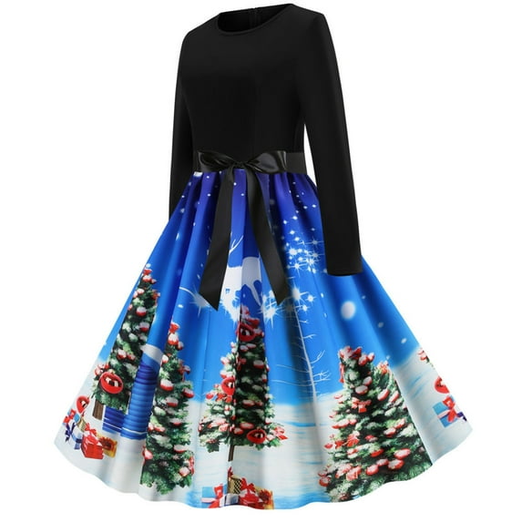 ICHUANYI Womens Patchword Vintage Rockabilly Dress Dresses Christmas Bow Fashion Cloth 2024