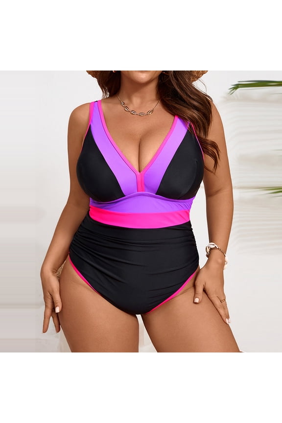 ICHUANYI Womens Patchwork Swimsuits V Neck Push Up Color Block Tummy Control Swim Top High Waisted Bathing Suits Swim Bottom Sports Swimsuit