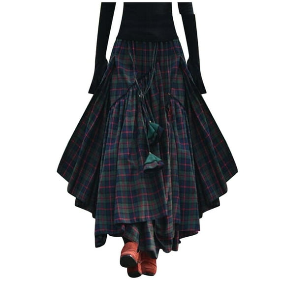 ICHUANYI Womens Plaid Print Skirt Fall Fashion Loose Fringe Irregular Waiste Long Skirts