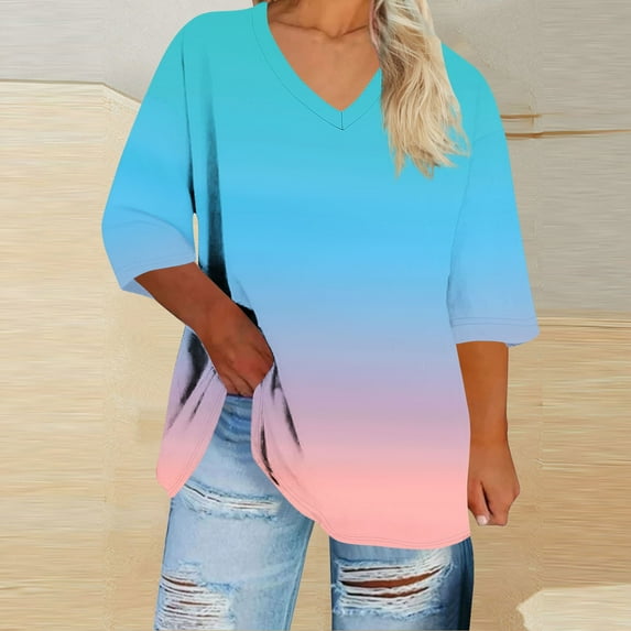 ICHUANYI Womens Plus Size Gradient Print Tops 3/4 Sleeve V Neck T Shirts Loose Fit Three Quarter Length Blouses Dressy Casual Tunic Tops