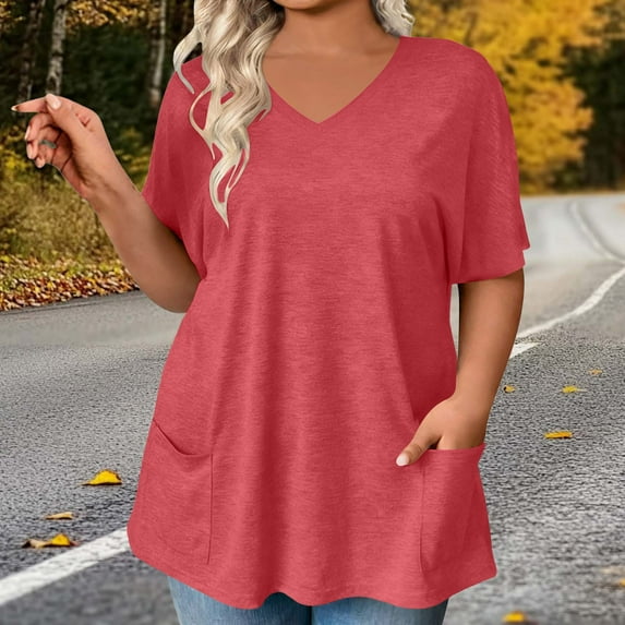 ICHUANYI Womens Plus Size Tunic Top Summer Short Sleeve T-Shirt V-Neck Button Up Dressy Blouse Casual Pleated Pullover