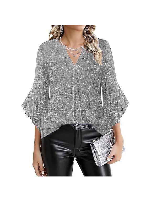 ICHUANYI Womens Sequin Mesh Top 3/4 Sleeve Sparkly Shirt Glitter V-Neck Dressy Blouse for Evening Party Night