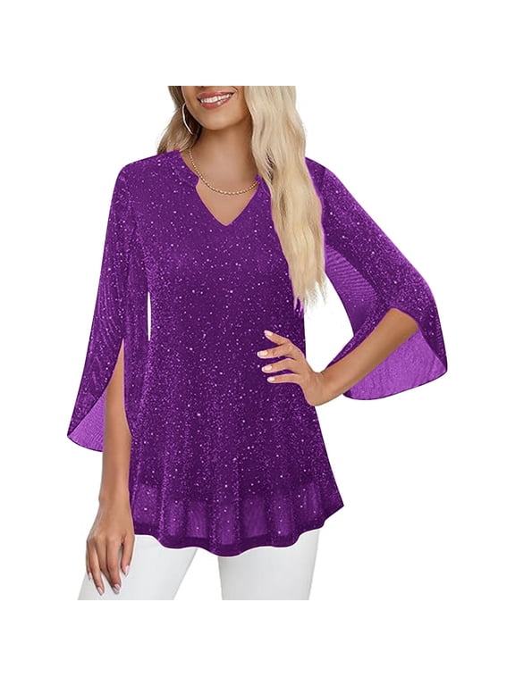 ICHUANYI Womens Sequin Mesh Top 3/4 Sleeve Sparkly Shirt Glitter V-Neck Dressy Blouse for Evening Party Night