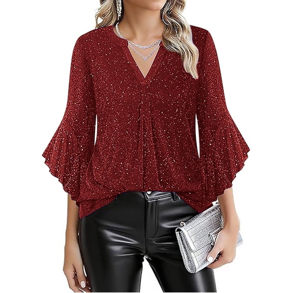 ICHUANYI Womens Sequin Mesh Top 3/4 Sleeve Sparkly Shirt Glitter V-Neck Dressy Blouse for Evening Party Night