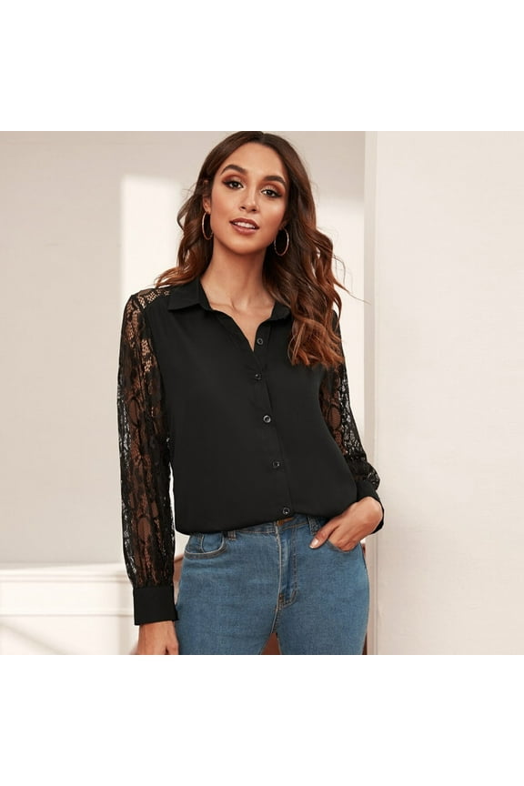 ICHUANYI Womens Sexy Solid Button Down Shirts Lapel Long Lace Sleeve Blouses V Neck Casual Loose Work Tops