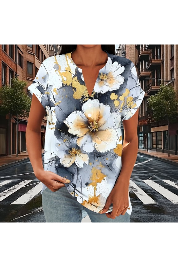 ICHUANYI Womens Shirts Dressy Casual Short Sleeve 2025 Summer Tops Spring V Neck Button Down Ladies Tunic Blouses