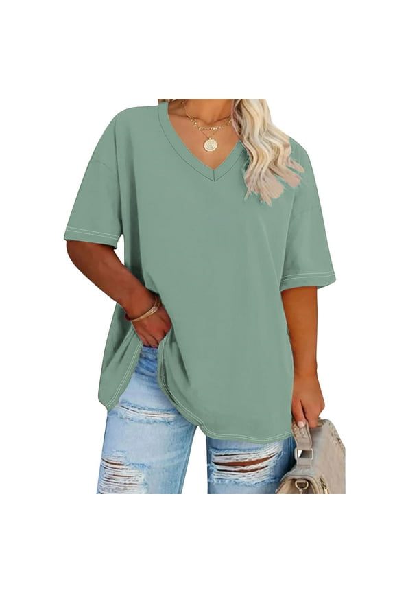 ICHUANYI Womens Shirts , Oversized V-neck T Shirts For Women Plus Size Graphic Drop Shoulder Short Sleeve Tops Summer Loose Pullover Tees