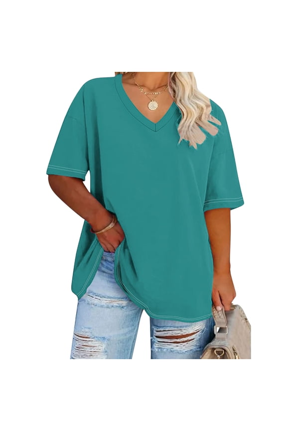 ICHUANYI Womens Shirts , Oversized V-neck T Shirts For Women Plus Size Graphic Drop Shoulder Short Sleeve Tops Summer Loose Pullover Tees