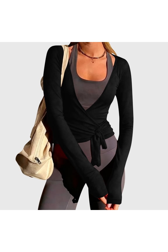 ICHUANYI Womens Slim Fit Tie Front Open Front Wrap Long Sleeve T Shirt Yoga Ballet Going Out Cardigan Aesthetic Casual Tops