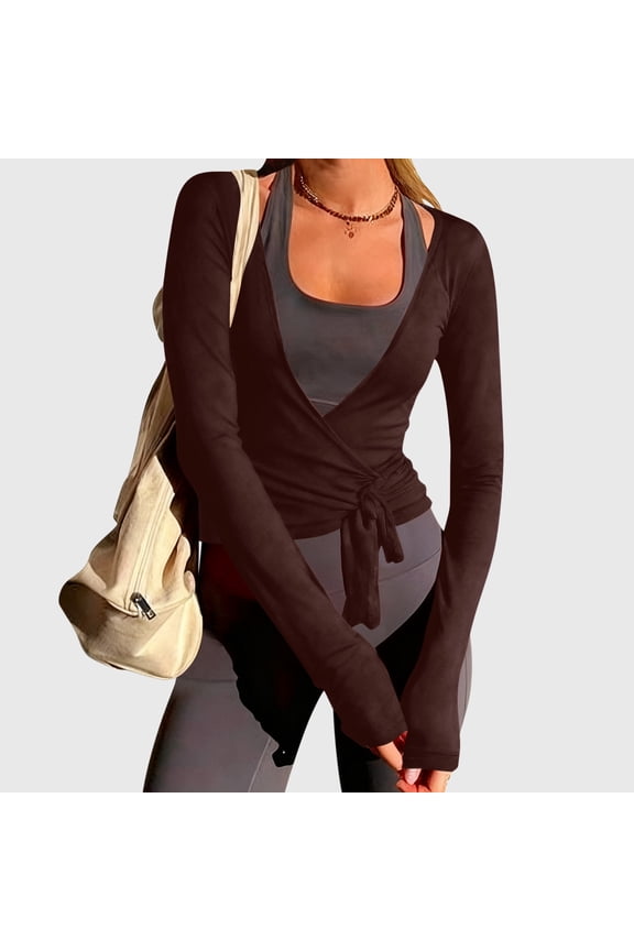 ICHUANYI Womens Slim Fit Tie Front Open Front Wrap Long Sleeve T Shirt Yoga Ballet Going Out Cardigan Aesthetic Casual Tops