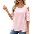 thumbnail image 1 of ICHUANYI Womens Spring And Summer Off The Shoulder Crew Neck Lace Patchwork 3/4 Sleeve Loose Tops Cloth New Trending, 1 of 8