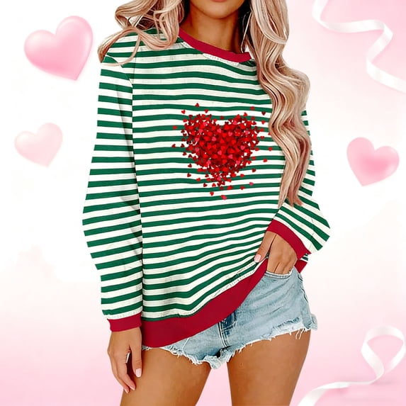 ICHUANYI Womens Striped Heart Print Oversized Sweatshirt Color Block Crew Neck Long Sleeve Casual Loose Pullover Top Sweatshirts