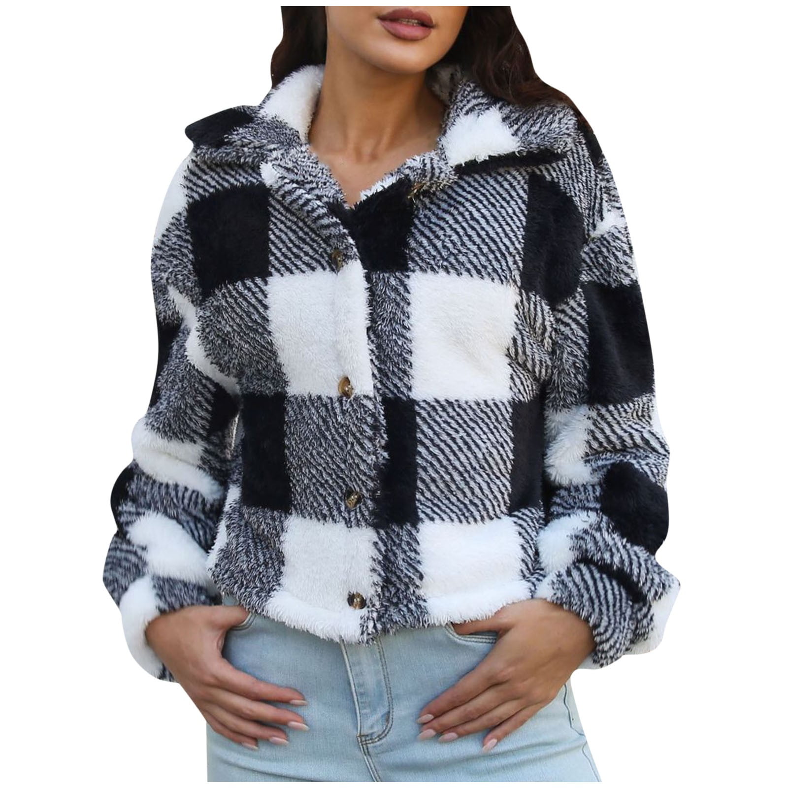 ICHUANYI Womens Stylish Coats Lapel Fuzzy Plaid Long Sleeves Short ...