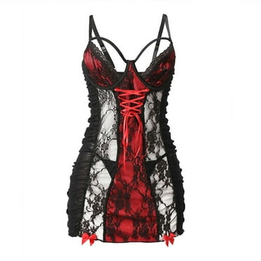 ICHUANYI Womens Stylish Contrast Suspender Lace Cut Out Pajama Dress With Underwear Set Summer 2024