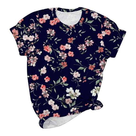 ICHUANYI Womens Stylish Summer T-shirt Floral Print Tops Casual Short Sleeves Crew Neck Shirts Cloth New Trending