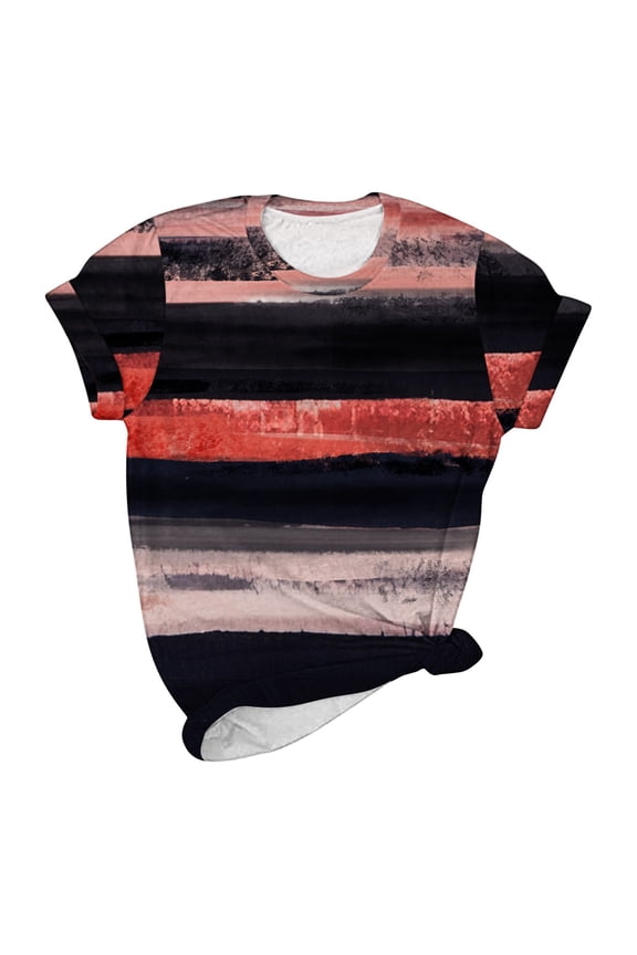 ICHUANYI Womens Stylish Summer Tops Striped Print Casual T-shirt Short Sleeves Crew Neck Shirts Cloth New Trending