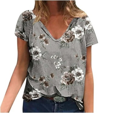 ICHUANYI Womens Summer Fashion V Neck Print Short Sleeve T Shirts Comfortable Blouses Tops