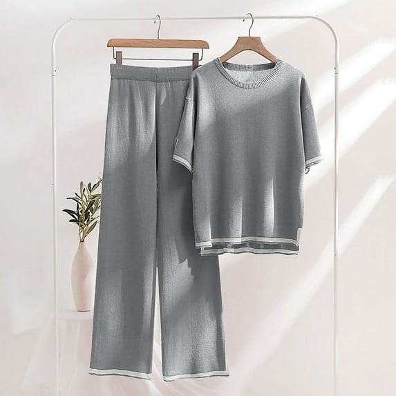 ICHUANYI Womens Summer Sets Solid Color Short Sleeve Shirt Pants Casual 2 Piece Suit