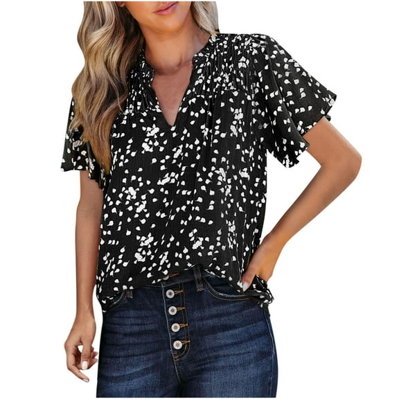 ICHUANYI Womens Summer Shirts Trendy Print V Neck T Shirt Short Sleeve Casual Blouse Tops
