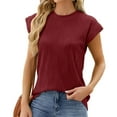 thumbnail image 1 of ICHUANYI Womens Summer Solid Lace V Neck Bubble Short Sleeve Solid T-shirt Top Fashion Clothing, 1 of 4