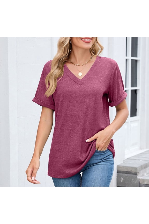 ICHUANYI Womens Summer T-Shirts Short Sleeve V Neck Tops Solid Loose Fit Shirts Spring Fashion
