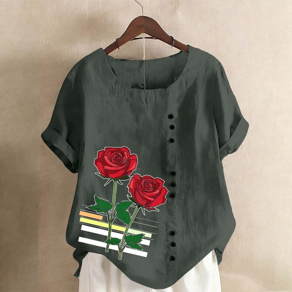 ICHUANYI Womens Summer Tops Round Neck Short Sleeve Button Fashion Printed Casual Lightweight Tunic T Shirts Blouse