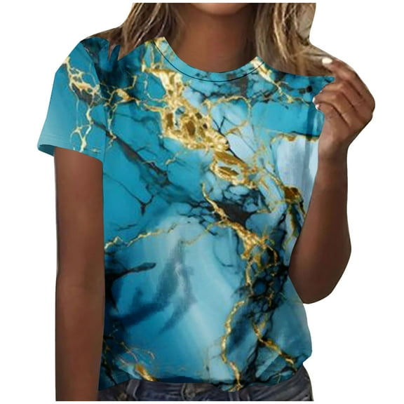 ICHUANYI Womens T-shirt Casual Colorful Print Crew Neck Short Sleeve Tops