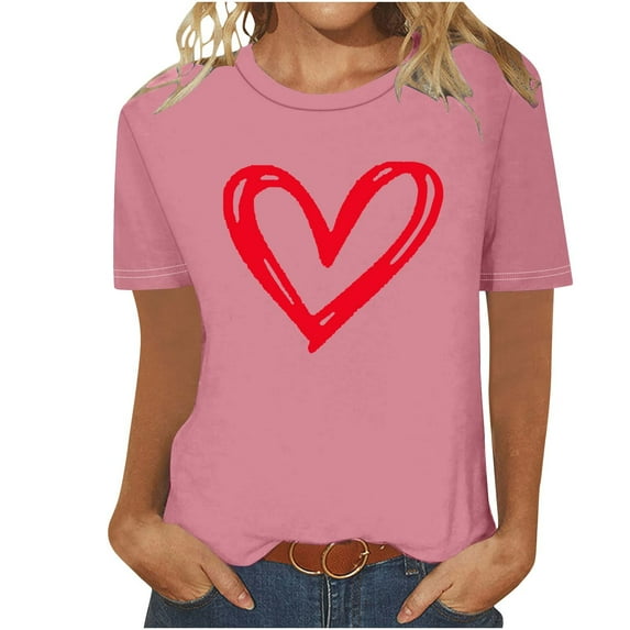 ICHUANYI Womens Tops Summer Trendy Short Sleeve Crew Neck Heart Print T-shirt Casual Shirts