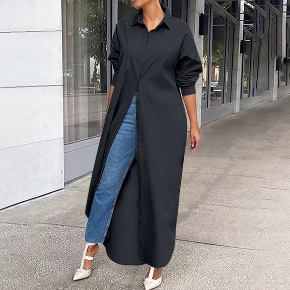 ICHUANYI Womens Trend Long Solid Shirts Coat Lapel Long Sleeve Button Down Blouses V Neck Casual Loose Tops