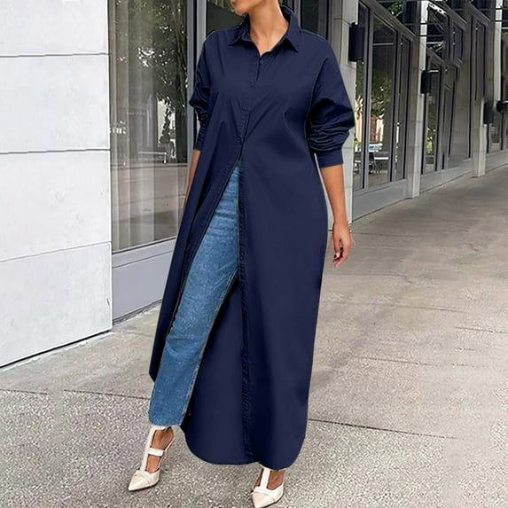 ICHUANYI Womens Trend Long Solid Shirts Coat Lapel Long Sleeve Button Down Blouses V Neck Casual Loose Tops