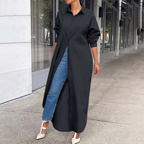 ICHUANYI Womens Trend Long Solid Shirts Coat Lapel Long Sleeve Button Down Blouses V Neck Casual Loose Tops