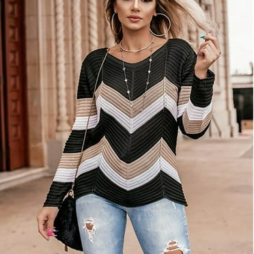 ICHUANYI Womens Trendy Color Block Sweaters Long Sleeve Crewneck Pullover Knit Jumper Tops