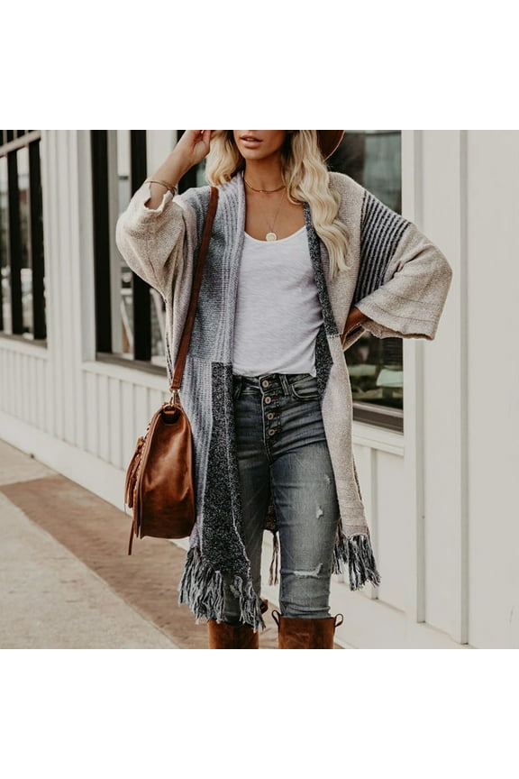 ICHUANYI Womens Trendy Fall Winter Long Sleeve Open Front Cardigans Oversized Solid Casual Fringe Hem Chunky Knit Sweaters Outwear Coat