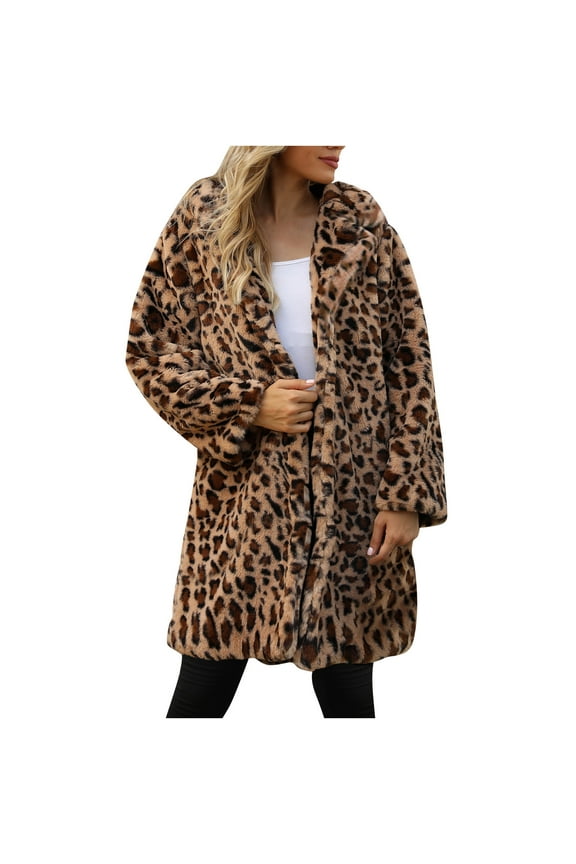 ICHUANYI Womens Trendy Faux Furry Coat Leopard Turn Down Collar Warm Jacket Outerwear 2023 New Winter Clothing