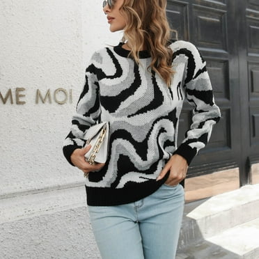 ICHUANYI Womens Trendy Knit Casual Pullover Sweaters Long Sleeve Irregular Ripple Print Crewneck Lightweight Oversized Tops