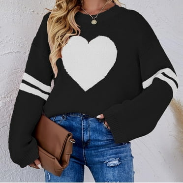 ICHUANYI Womens Trendy Soft Heart Print Oversized Sweaters Long Lantern Sleeve Crewneck Pullover Fall Winter Knit Jumper Tops 2023